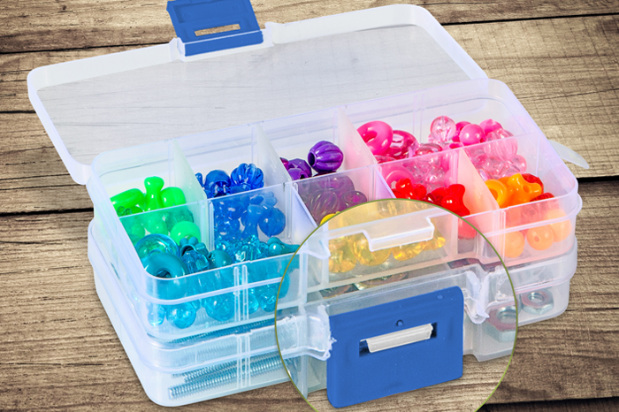 image of Tidy Hero storage box filled with colorful beads